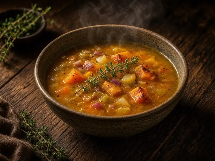 Bowl of golden roasted vegetable broth with thyme