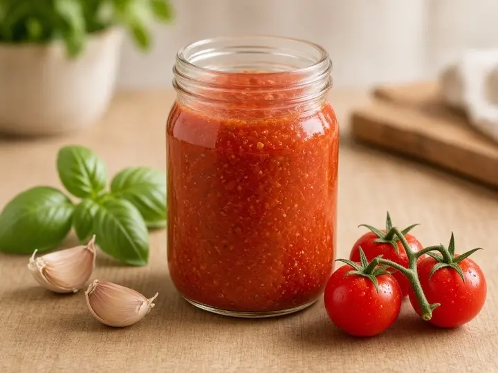 Glass jar of tomato basil sauce with fresh ingredients